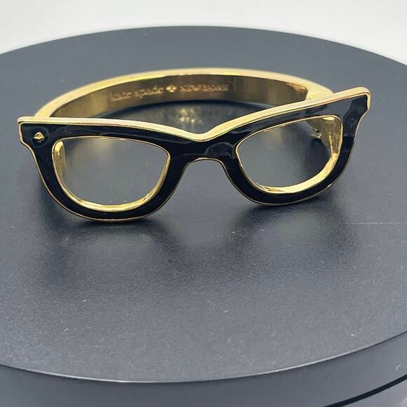 KATE SPADE Black Enamel Goreski Eyeglass Lookout Gold Plated Bangle Bracelet - Picture 1 of 13